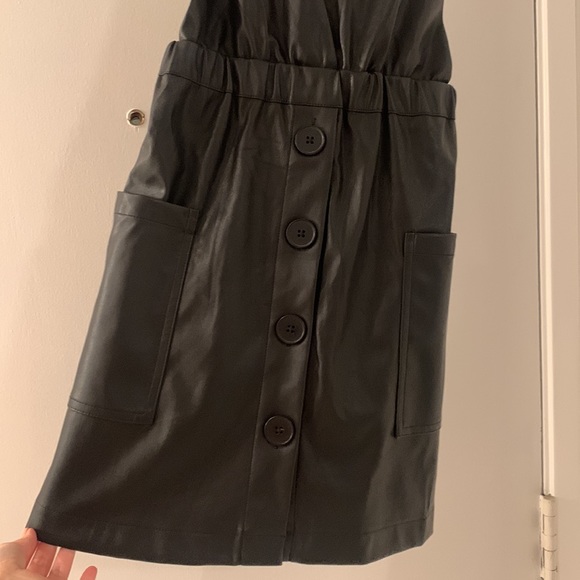 Women's Black Faux Leather Dungaree Dress - Picture 3 of 6